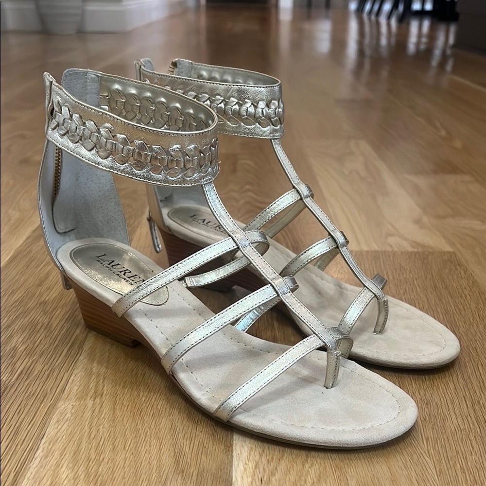 Ralph Lauren Womens 9 Gold Strappy Sandals with Ankle Strap